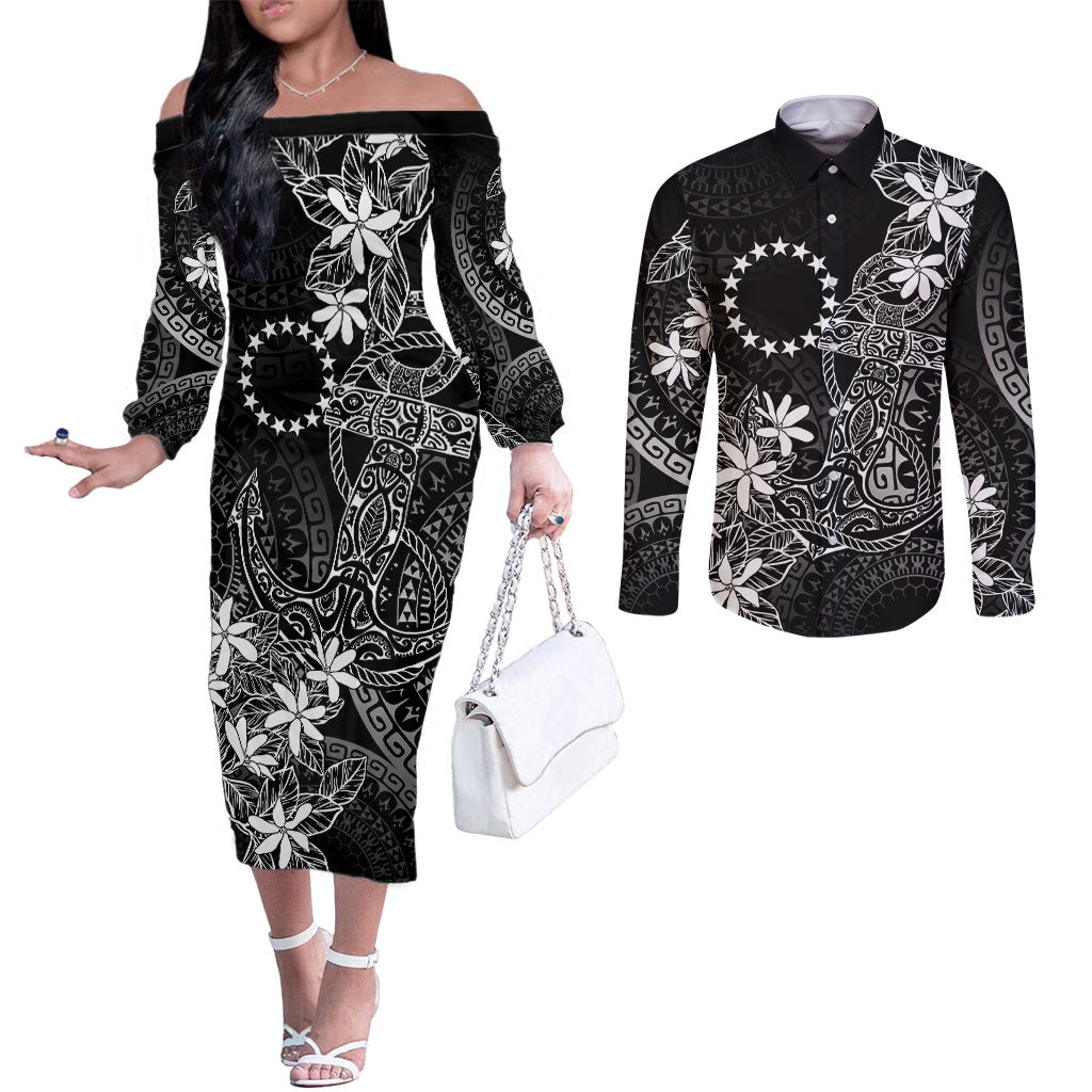 Black Kuki Airani Tapakau Couples Matching Off The Shoulder Long Sleeve Dress and Long Sleeve Button Shirt Tribal Anchor Mix Tiare LT7 Black - Polynesian Pride
