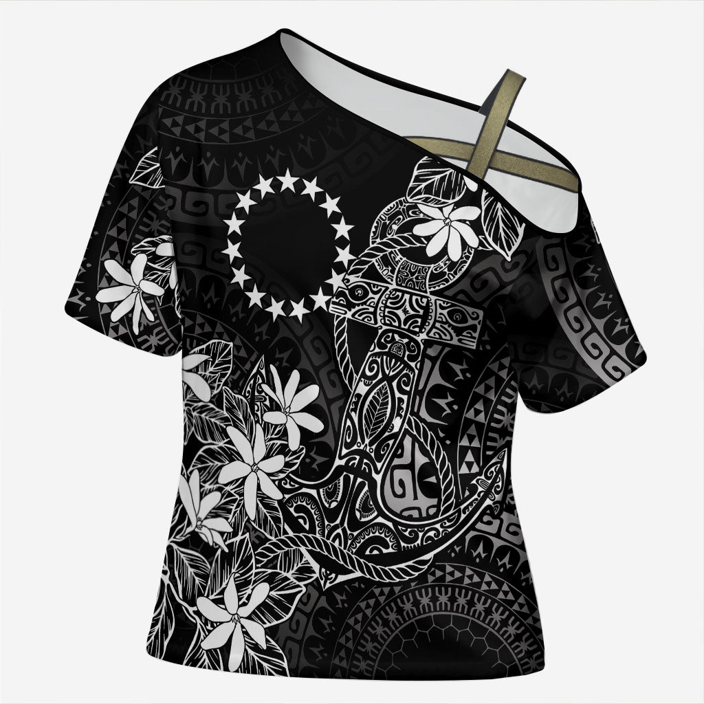 Black Kuki Airani Tapakau Cross Shoulder Shirt Tribal Anchor Mix Tiare