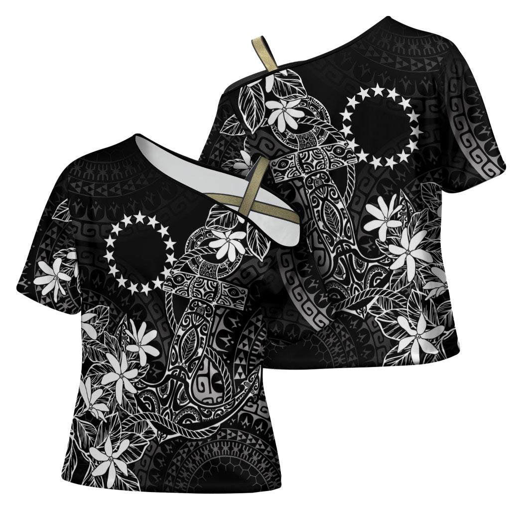 Black Kuki Airani Tapakau Cross Shoulder Shirt Tribal Anchor Mix Tiare