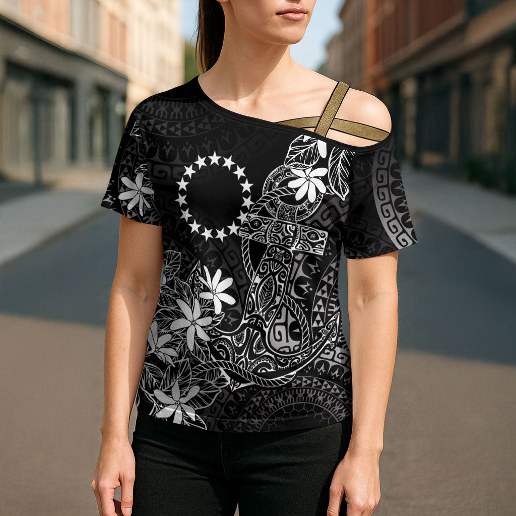 Black Kuki Airani Tapakau Cross Shoulder Shirt Tribal Anchor Mix Tiare