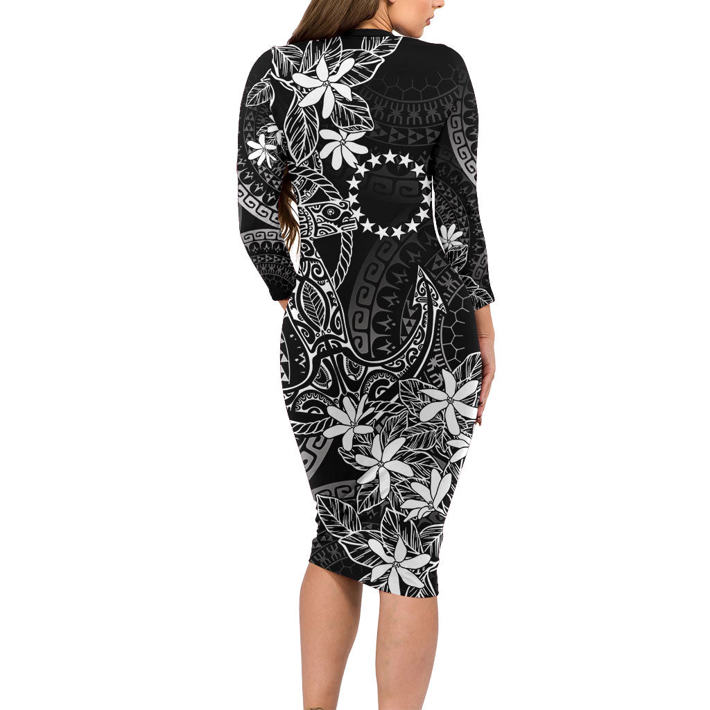 Black Kuki Airani Tapakau Long Sleeve Bodycon Dress Tribal Anchor Mix Tiare
