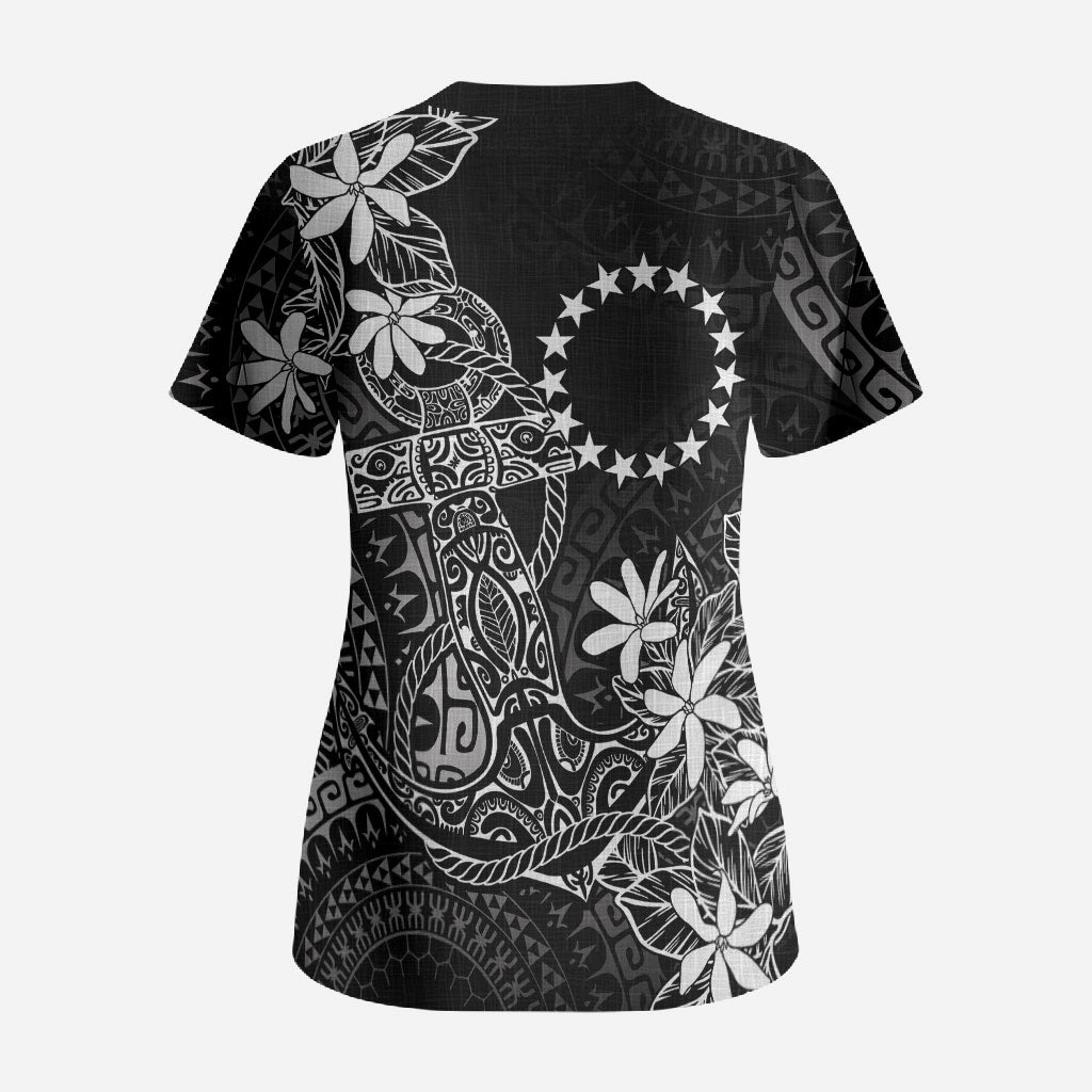 Black Kuki Airani Tapakau Scrub Top Tribal Anchor Mix Tiare