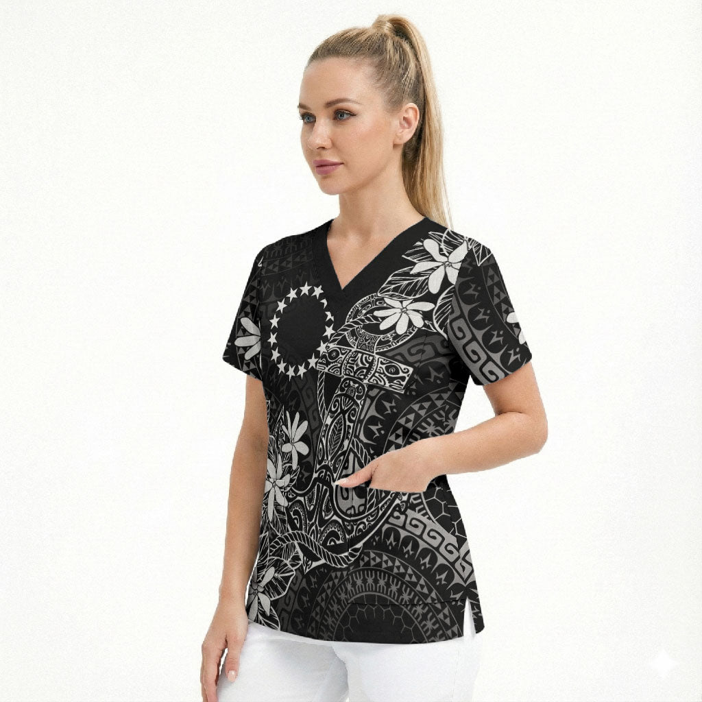 Black Kuki Airani Tapakau Scrub Top Tribal Anchor Mix Tiare