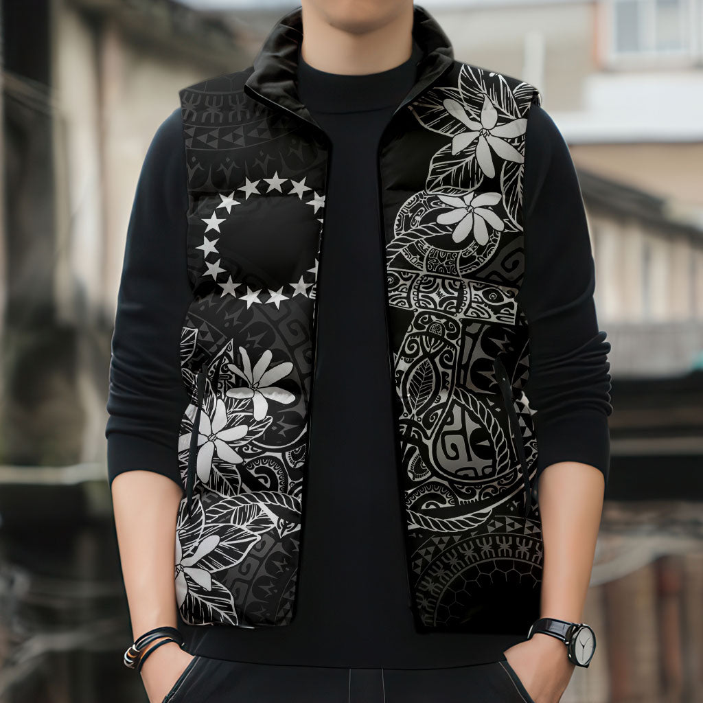 Black Kuki Airani Tapakau Sleeveless Puffer Jacket Tribal Anchor Mix Tiare