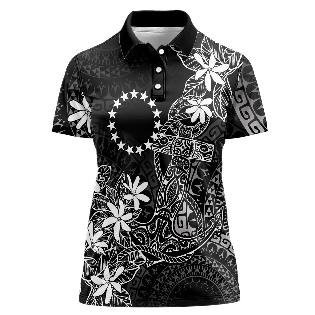 Black Kuki Airani Tapakau Women Polo Shirt Tribal Anchor Mix Tiare