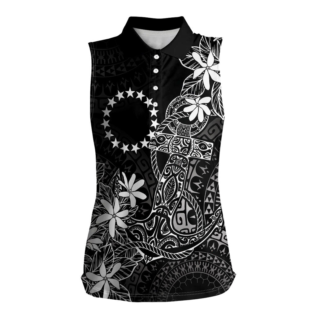 Black Kuki Airani Tapakau Women Sleeveless Polo Shirt Tribal Anchor Mix Tiare LT7 Female Black - Polynesian Pride