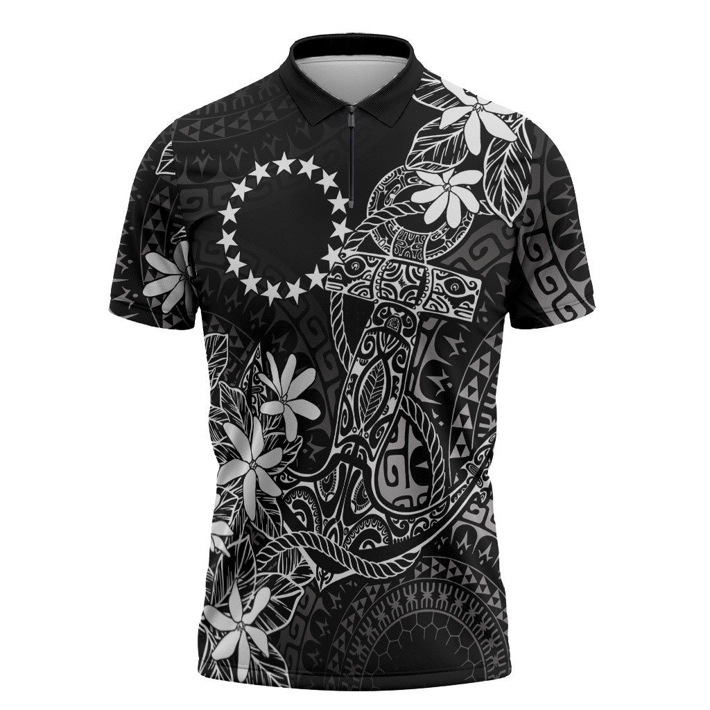 Black Kuki Airani Tapakau Zipper Polo Shirt Tribal Anchor Mix Tiare