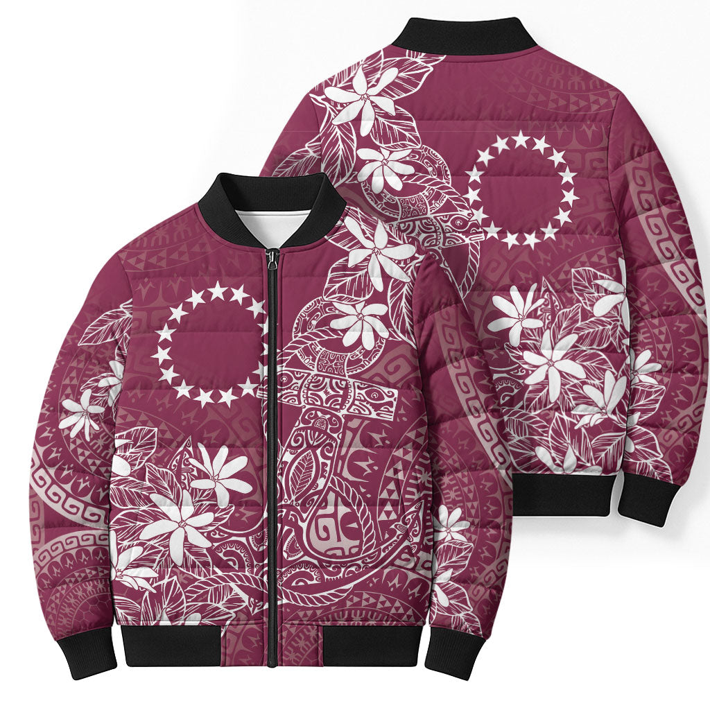 Maroon Kuki Airani Tapakau Bomber Puffer Jacket Tribal Anchor Mix Tiare