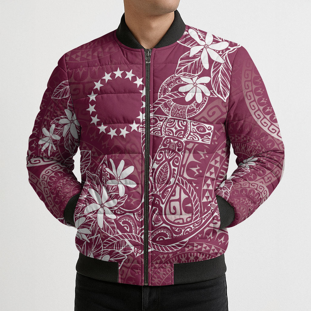 Maroon Kuki Airani Tapakau Bomber Puffer Jacket Tribal Anchor Mix Tiare