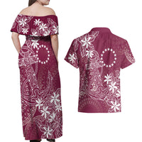 Maroon Kuki Airani Tapakau Couples Matching Off Shoulder Maxi Dress and Hawaiian Shirt Tribal Anchor Mix Tiare LT7 - Polynesian Pride