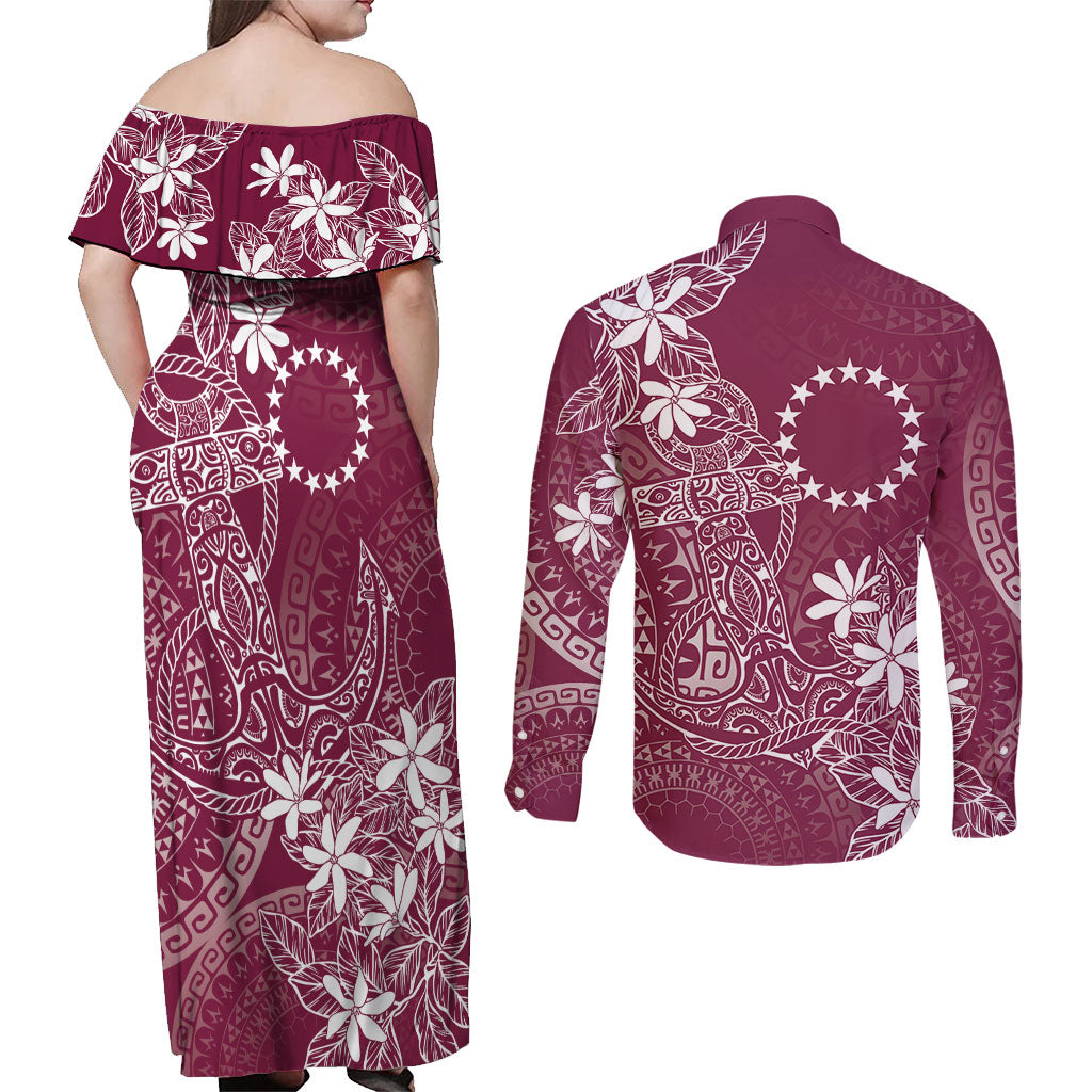 Maroon Kuki Airani Tapakau Couples Matching Off Shoulder Maxi Dress and Long Sleeve Button Shirt Tribal Anchor Mix Tiare