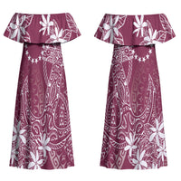 Maroon Kuki Airani Tapakau Couples Matching Off Shoulder Maxi Dress and Long Sleeve Button Shirt Tribal Anchor Mix Tiare LT7 - Polynesian Pride