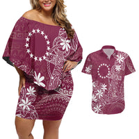 Maroon Kuki Airani Tapakau Couples Matching Off Shoulder Short Dress and Hawaiian Shirt Tribal Anchor Mix Tiare LT7 Maroon - Polynesian Pride
