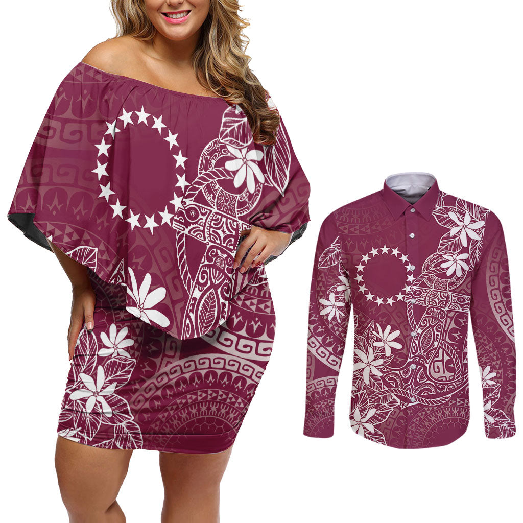Maroon Kuki Airani Tapakau Couples Matching Off Shoulder Short Dress and Long Sleeve Button Shirt Tribal Anchor Mix Tiare LT7 Maroon - Polynesian Pride
