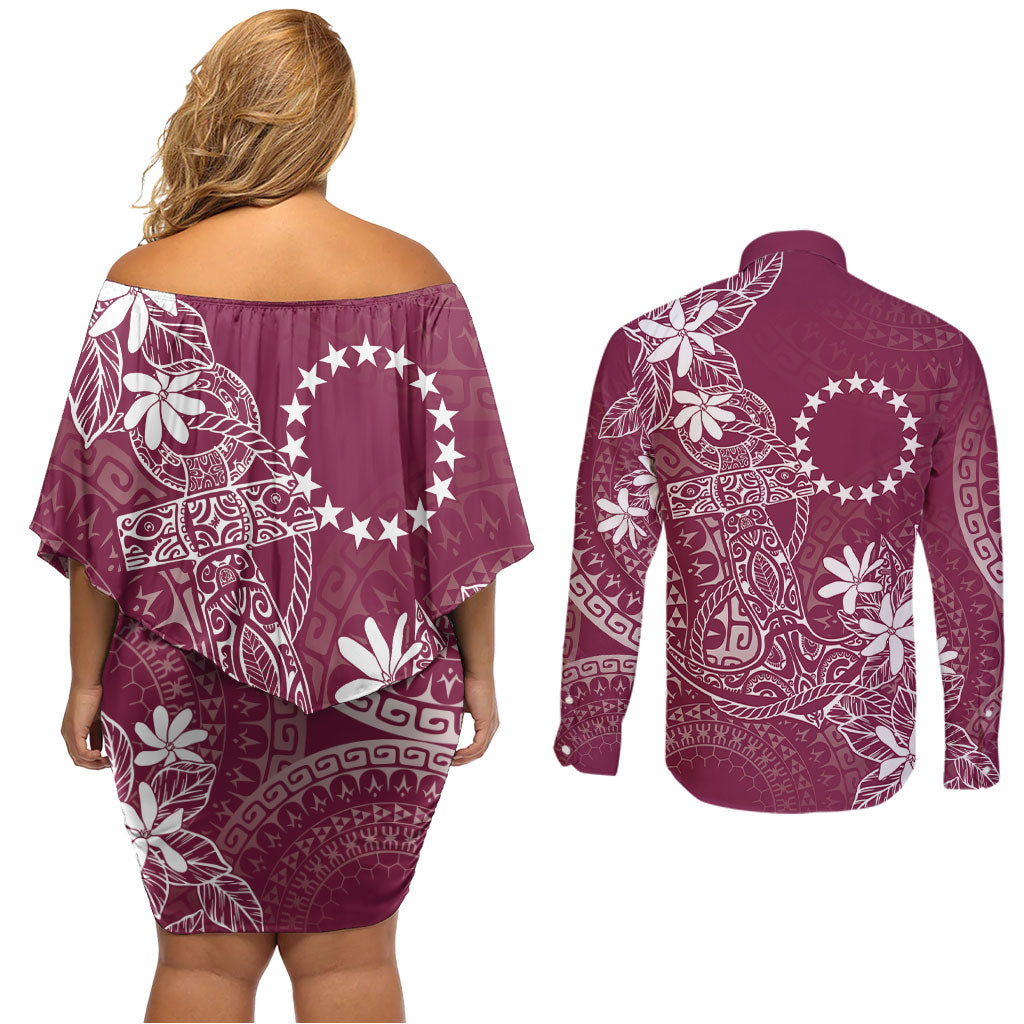 Maroon Kuki Airani Tapakau Couples Matching Off Shoulder Short Dress and Long Sleeve Button Shirt Tribal Anchor Mix Tiare LT7 - Polynesian Pride