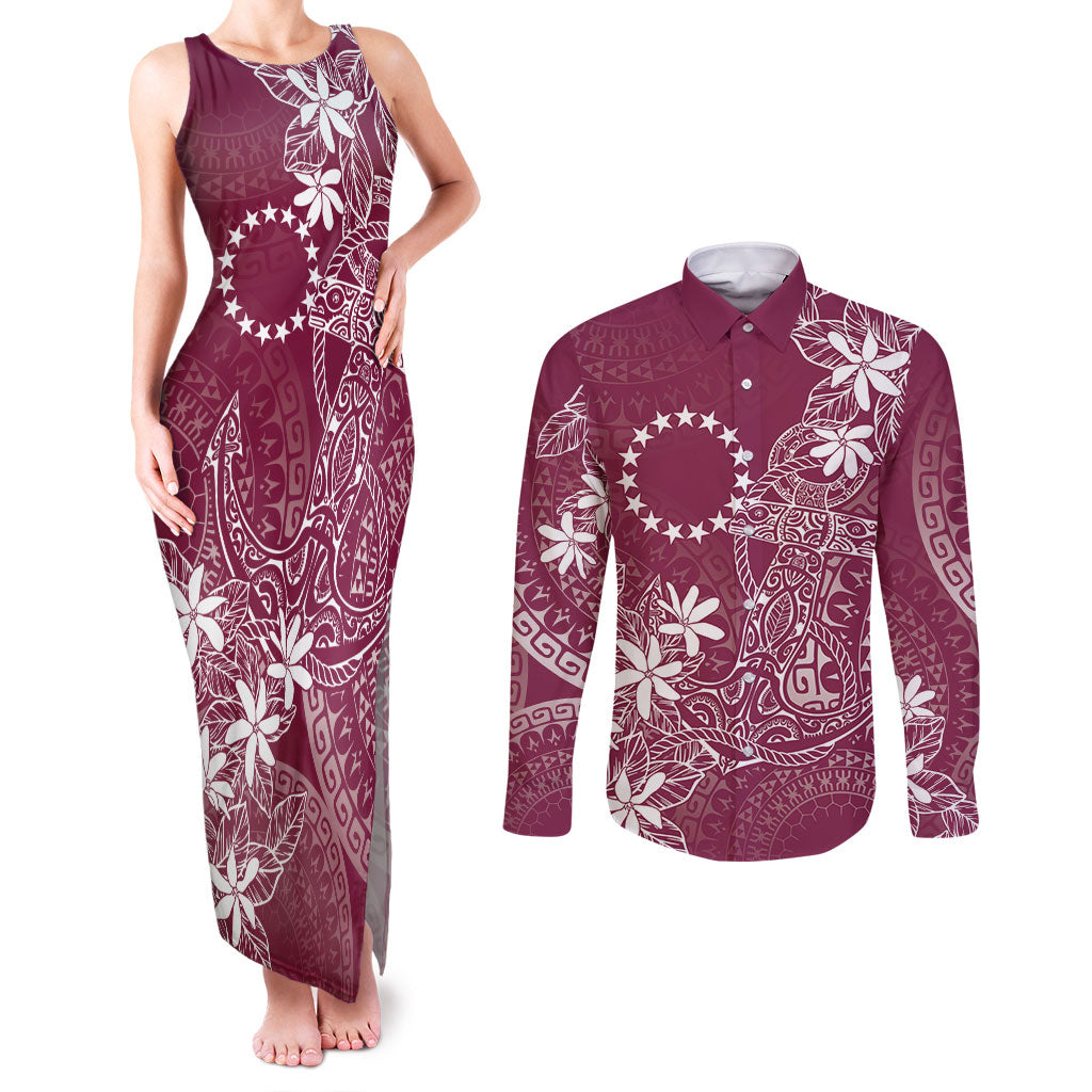 Maroon Kuki Airani Tapakau Couples Matching Tank Maxi Dress and Long Sleeve Button Shirt Tribal Anchor Mix Tiare LT7 Maroon - Polynesian Pride