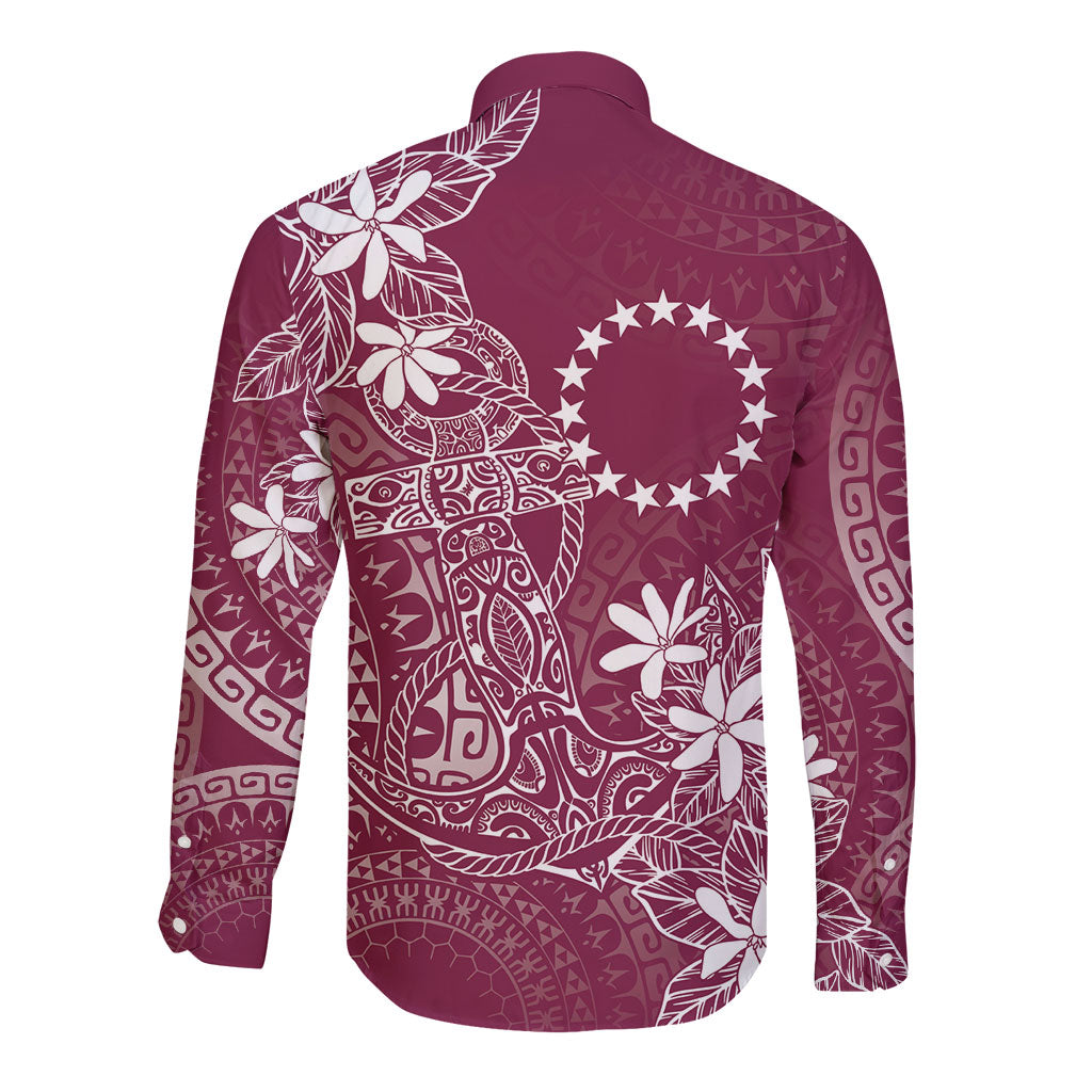 Maroon Kuki Airani Tapakau Long Sleeve Button Shirt Tribal Anchor Mix Tiare