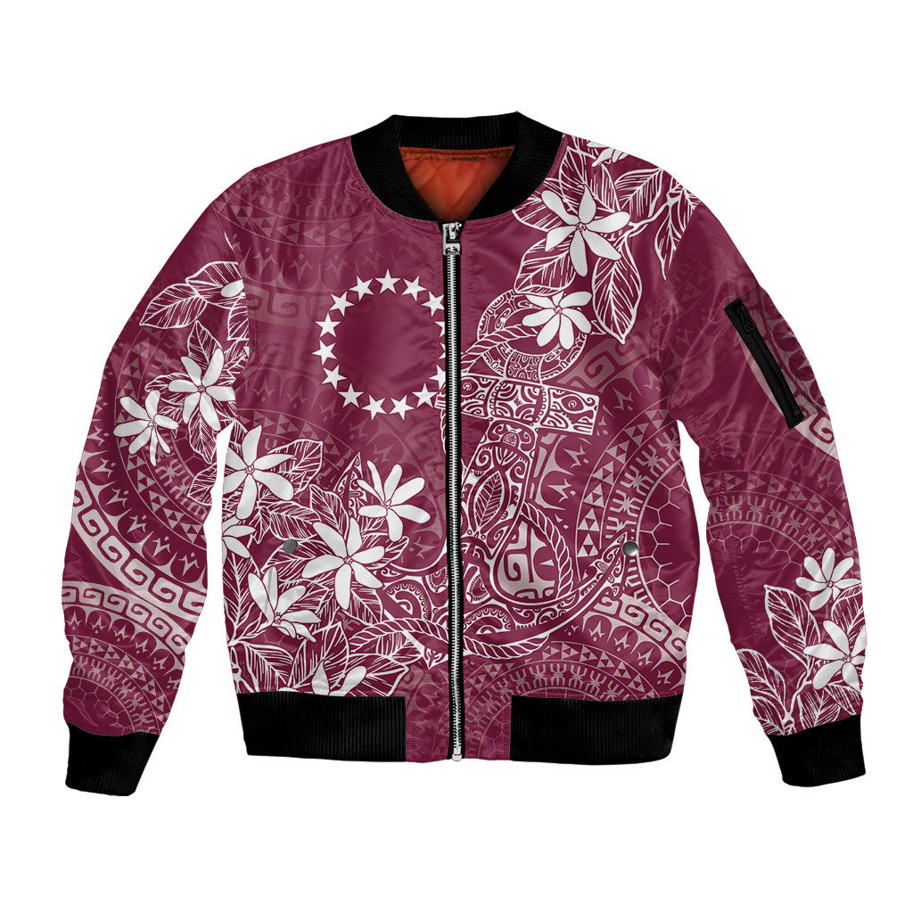 Maroon Kuki Airani Tapakau Sleeve Zip Bomber Jacket Tribal Anchor Mix Tiare