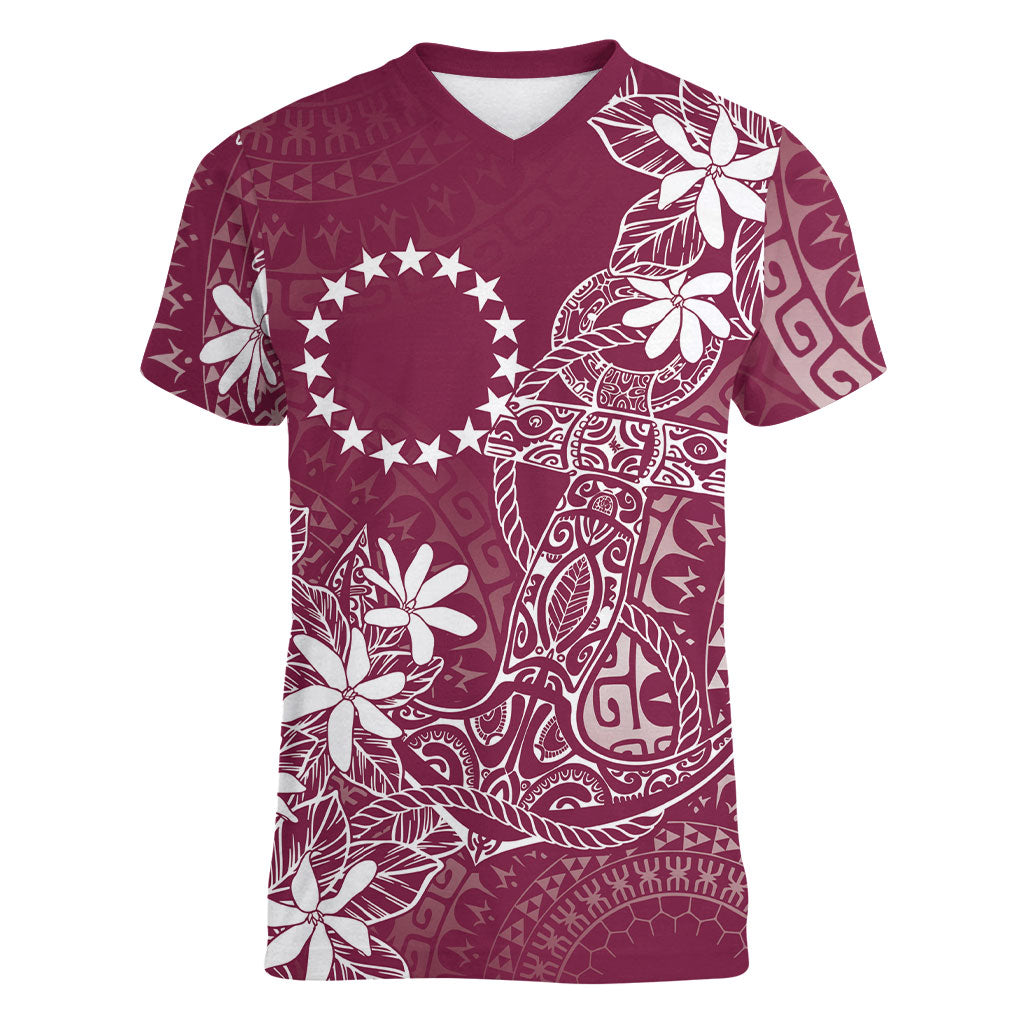 Maroon Kuki Airani Tapakau Women V-Neck T-Shirt Tribal Anchor Mix Tiare LT7 Female Maroon - Polynesian Pride