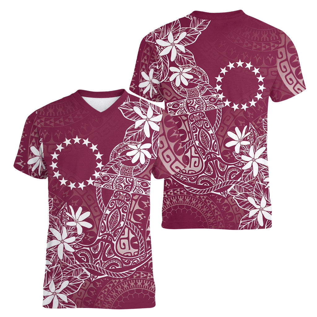 Maroon Kuki Airani Tapakau Women V-Neck T-Shirt Tribal Anchor Mix Tiare LT7 - Polynesian Pride