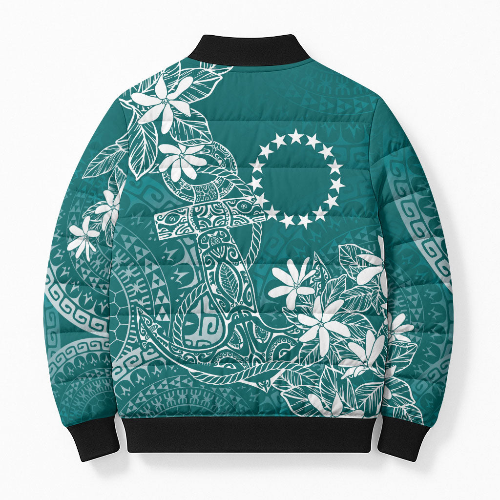 Teal Kuki Airani Tapakau Bomber Puffer Jacket Tribal Anchor Mix Tiare