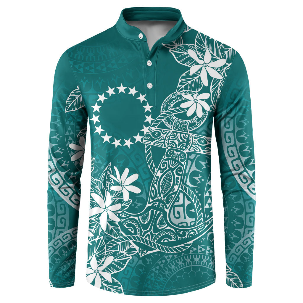 Teal Kuki Airani Tapakau Button Sweatshirt Tribal Anchor Mix Tiare