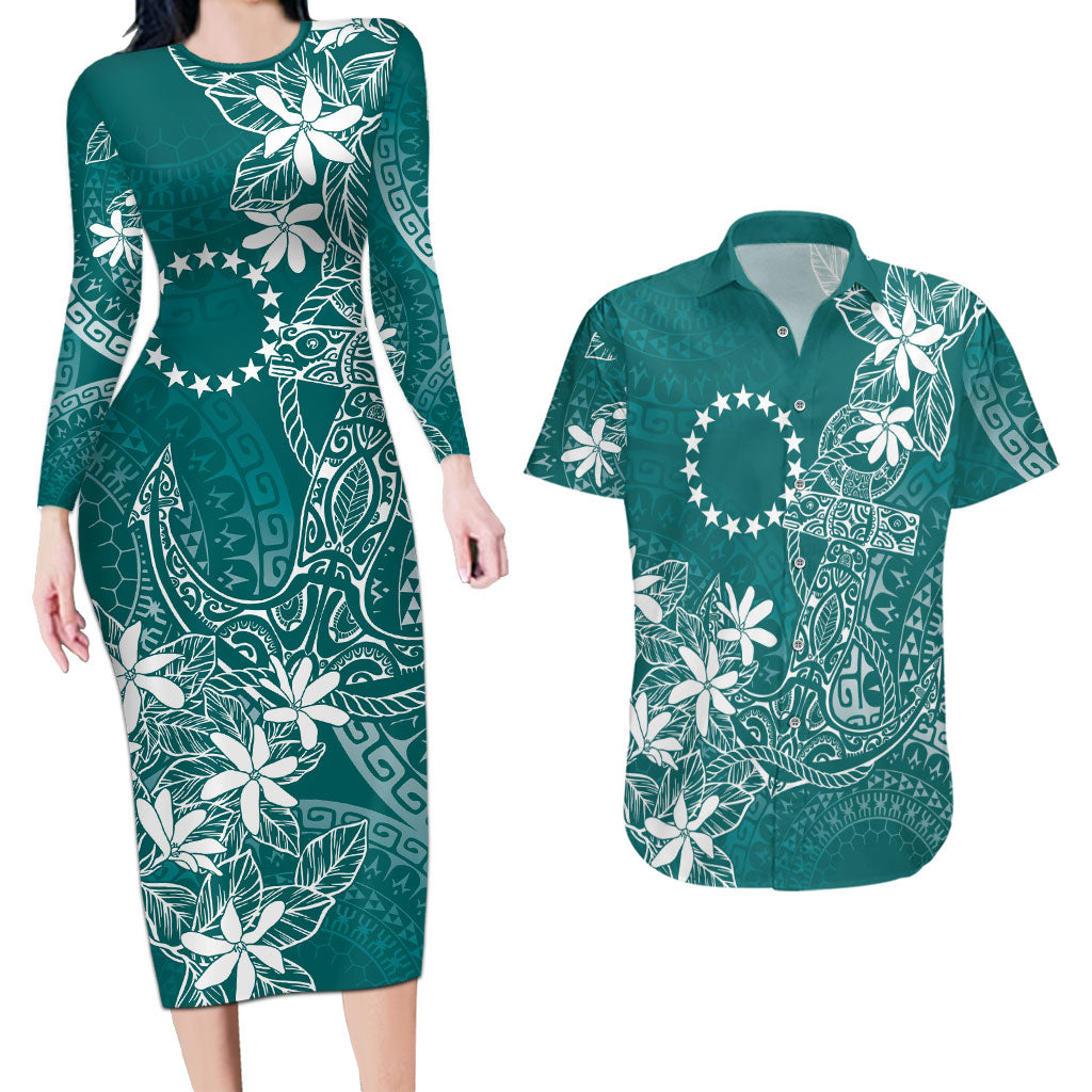 Teal Kuki Airani Tapakau Couples Matching Long Sleeve Bodycon Dress and Hawaiian Shirt Tribal Anchor Mix Tiare LT7 Teal - Polynesian Pride