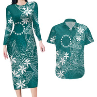 Teal Kuki Airani Tapakau Couples Matching Long Sleeve Bodycon Dress and Hawaiian Shirt Tribal Anchor Mix Tiare LT7 Teal - Polynesian Pride