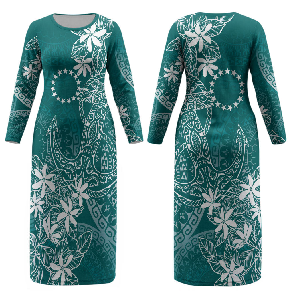 Teal Kuki Airani Tapakau Couples Matching Long Sleeve Bodycon Dress and Hawaiian Shirt Tribal Anchor Mix Tiare LT7 - Polynesian Pride