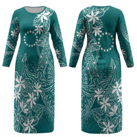 Teal Kuki Airani Tapakau Couples Matching Long Sleeve Bodycon Dress and Long Sleeve Button Shirt Tribal Anchor Mix Tiare LT7 - Polynesian Pride