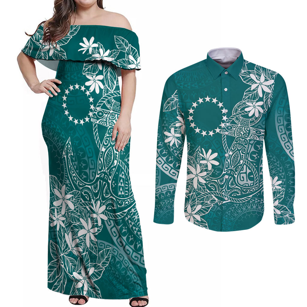 Teal Kuki Airani Tapakau Couples Matching Off Shoulder Maxi Dress and Long Sleeve Button Shirt Tribal Anchor Mix Tiare LT7 Teal - Polynesian Pride
