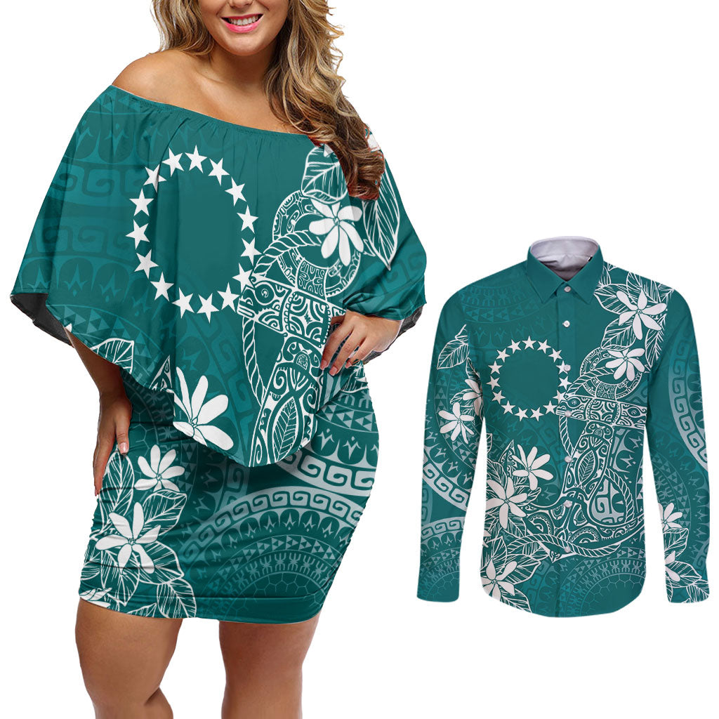 Teal Kuki Airani Tapakau Couples Matching Off Shoulder Short Dress and Long Sleeve Button Shirt Tribal Anchor Mix Tiare LT7 Teal - Polynesian Pride