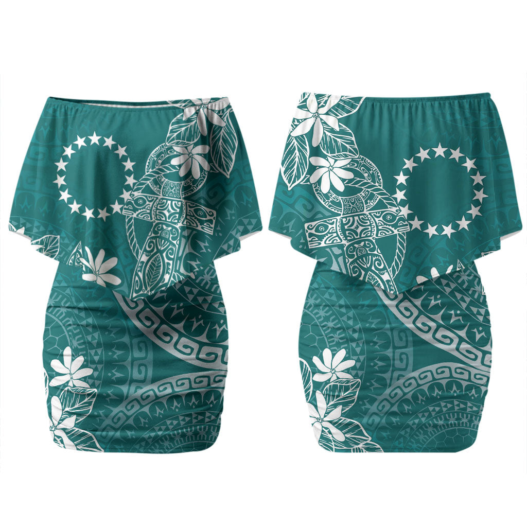 Teal Kuki Airani Tapakau Couples Matching Off Shoulder Short Dress and Long Sleeve Button Shirt Tribal Anchor Mix Tiare LT7 - Polynesian Pride