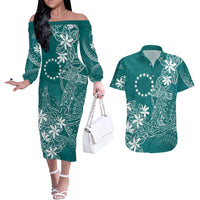 Teal Kuki Airani Tapakau Couples Matching Off The Shoulder Long Sleeve Dress and Hawaiian Shirt Tribal Anchor Mix Tiare LT7 Teal - Polynesian Pride