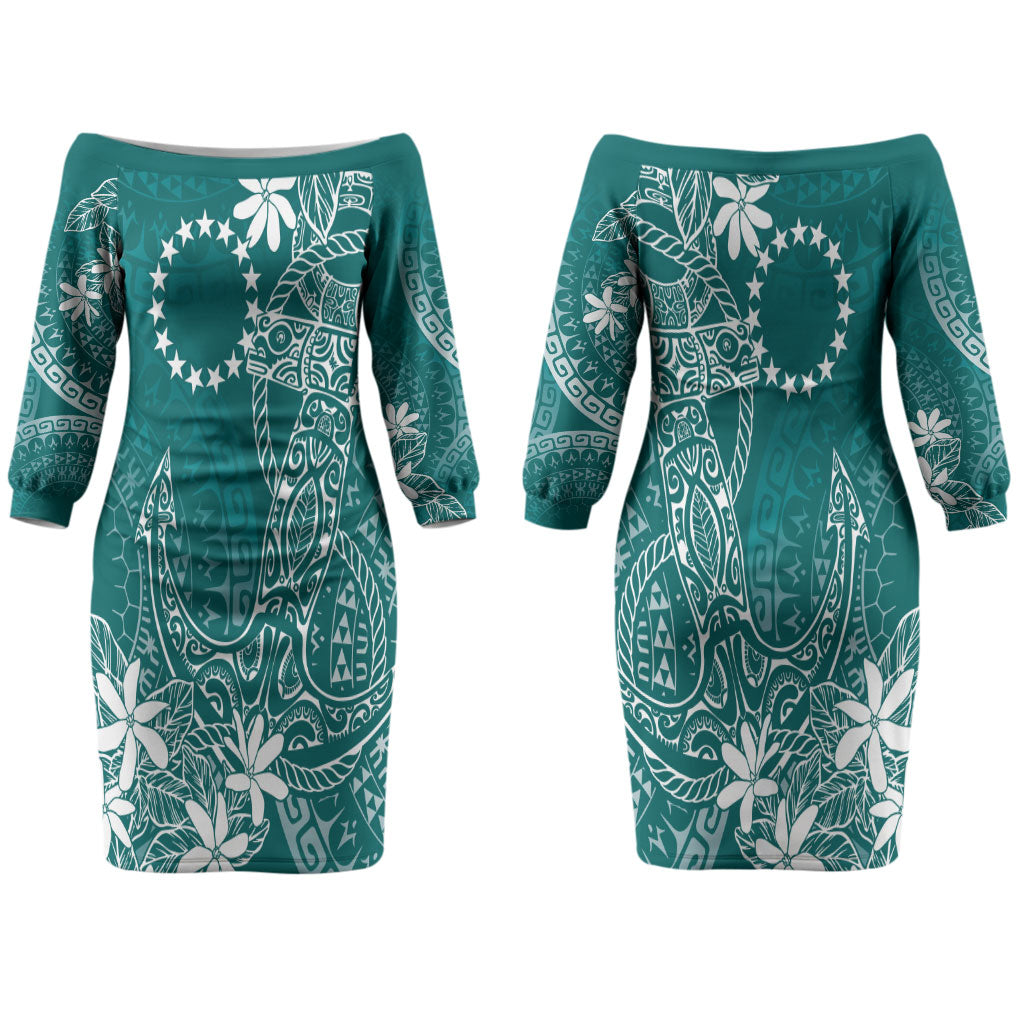 Teal Kuki Airani Tapakau Couples Matching Off The Shoulder Long Sleeve Dress and Long Sleeve Button Shirt Tribal Anchor Mix Tiare LT7 - Polynesian Pride