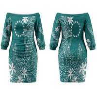 Teal Kuki Airani Tapakau Couples Matching Off The Shoulder Long Sleeve Dress and Long Sleeve Button Shirt Tribal Anchor Mix Tiare LT7 - Polynesian Pride
