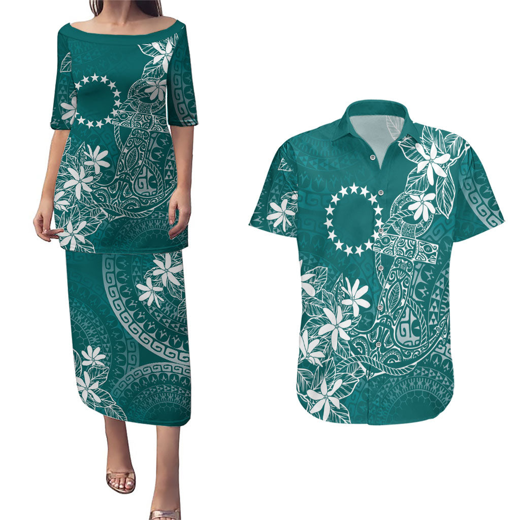 Teal Kuki Airani Tapakau Couples Matching Puletasi and Hawaiian Shirt Tribal Anchor Mix Tiare LT7 Teal - Polynesian Pride