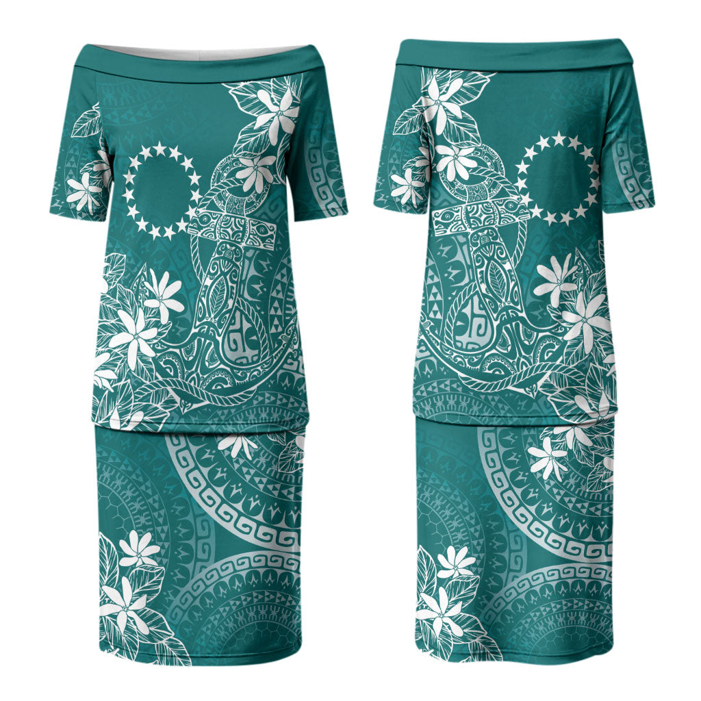 Teal Kuki Airani Tapakau Couples Matching Puletasi and Long Sleeve Button Shirt Tribal Anchor Mix Tiare LT7 - Polynesian Pride