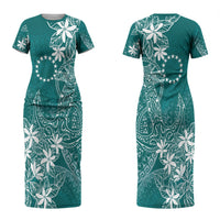 Teal Kuki Airani Tapakau Couples Matching Short Sleeve Bodycon Dress and Hawaiian Shirt Tribal Anchor Mix Tiare LT7 - Polynesian Pride