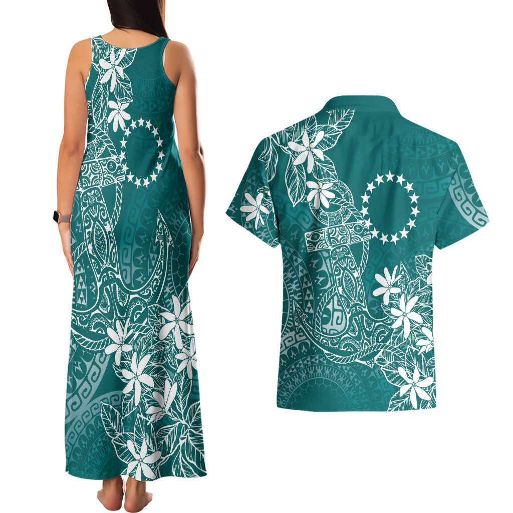 Teal Kuki Airani Tapakau Couples Matching Tank Maxi Dress and Hawaiian Shirt Tribal Anchor Mix Tiare LT7 - Polynesian Pride