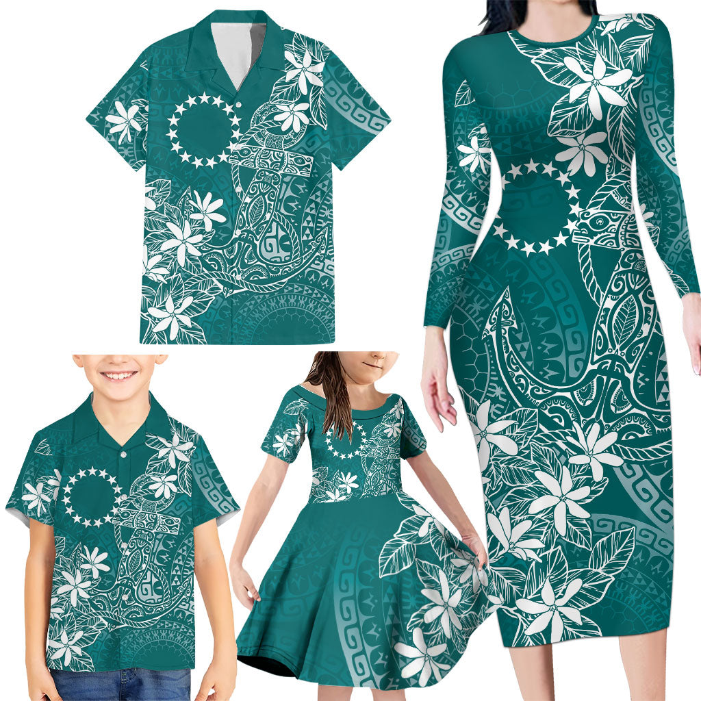 Teal Kuki Airani Tapakau Family Matching Long Sleeve Bodycon Dress and Hawaiian Shirt Tribal Anchor Mix Tiare