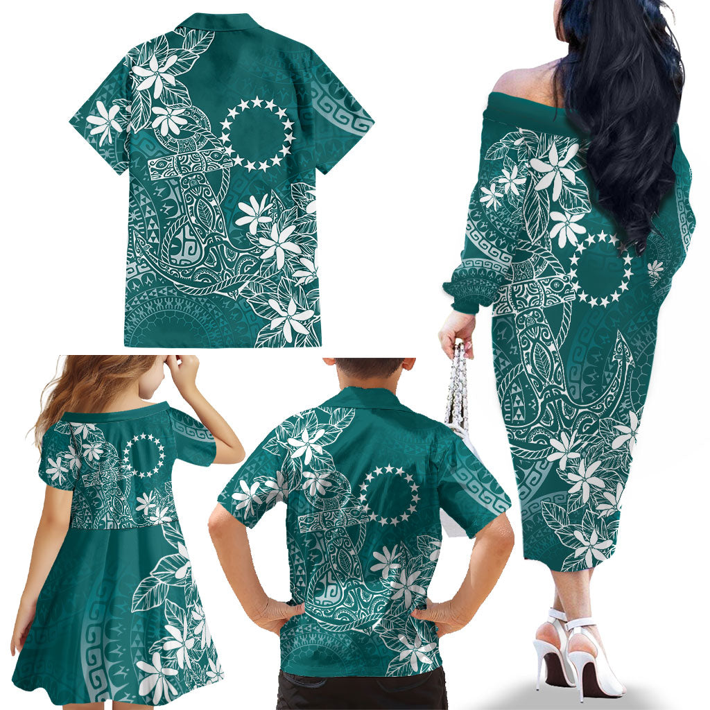 Teal Kuki Airani Tapakau Family Matching Off The Shoulder Long Sleeve Dress and Hawaiian Shirt Tribal Anchor Mix Tiare LT7 - Polynesian Pride