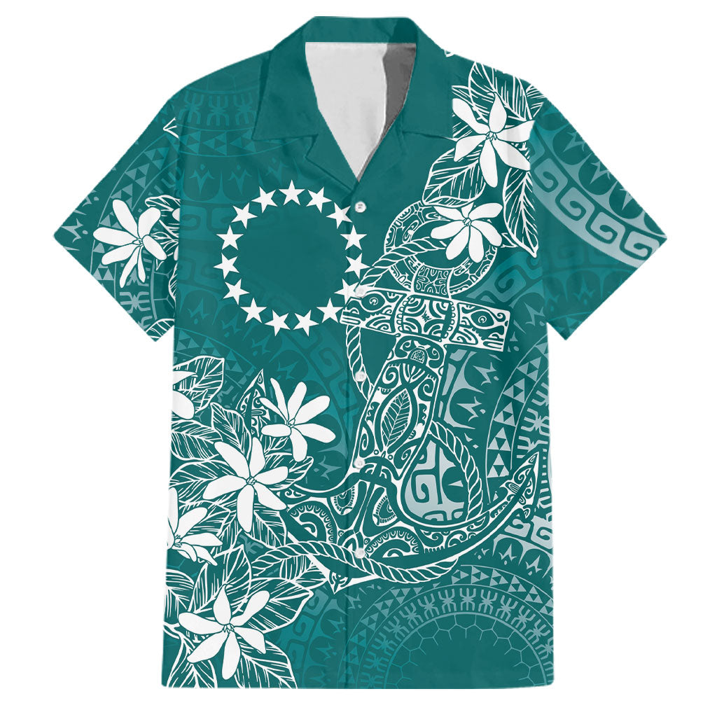 Teal Kuki Airani Tapakau Family Matching Off The Shoulder Long Sleeve Dress and Hawaiian Shirt Tribal Anchor Mix Tiare LT7 Dad's Shirt - Short Sleeve Teal - Polynesian Pride