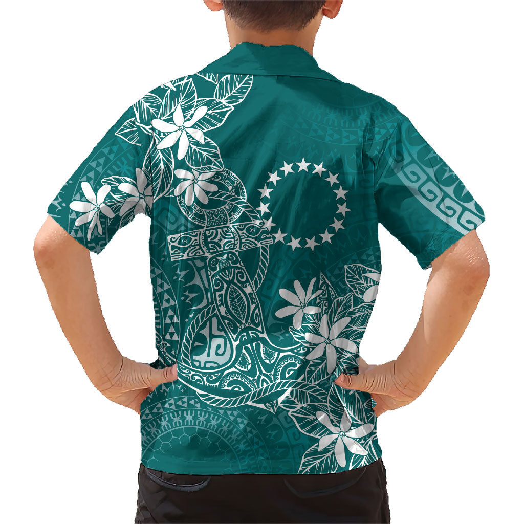 Teal Kuki Airani Tapakau Family Matching Off Shoulder Short Dress and Hawaiian Shirt Tribal Anchor Mix Tiare LT7 - Polynesian Pride
