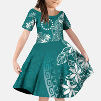Teal Kuki Airani Tapakau Family Matching Off Shoulder Short Dress and Hawaiian Shirt Tribal Anchor Mix Tiare LT7 Daughter's Dress Teal - Polynesian Pride