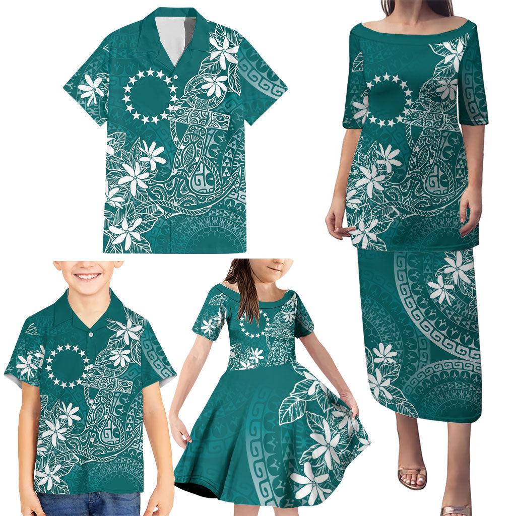Teal Kuki Airani Tapakau Family Matching Puletasi and Hawaiian Shirt Tribal Anchor Mix Tiare