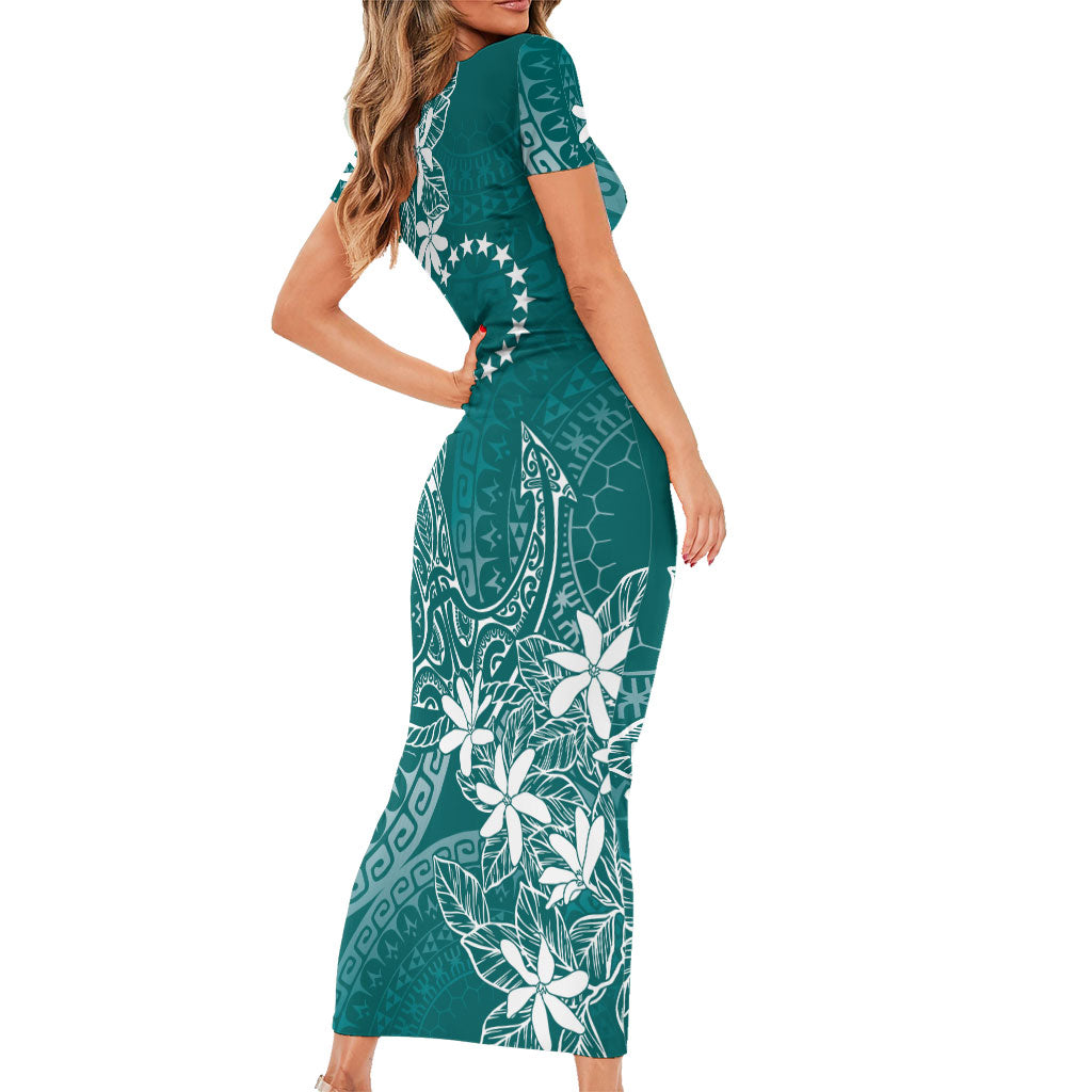 Teal Kuki Airani Tapakau Family Matching Short Sleeve Bodycon Dress and Hawaiian Shirt Tribal Anchor Mix Tiare LT7 - Polynesian Pride
