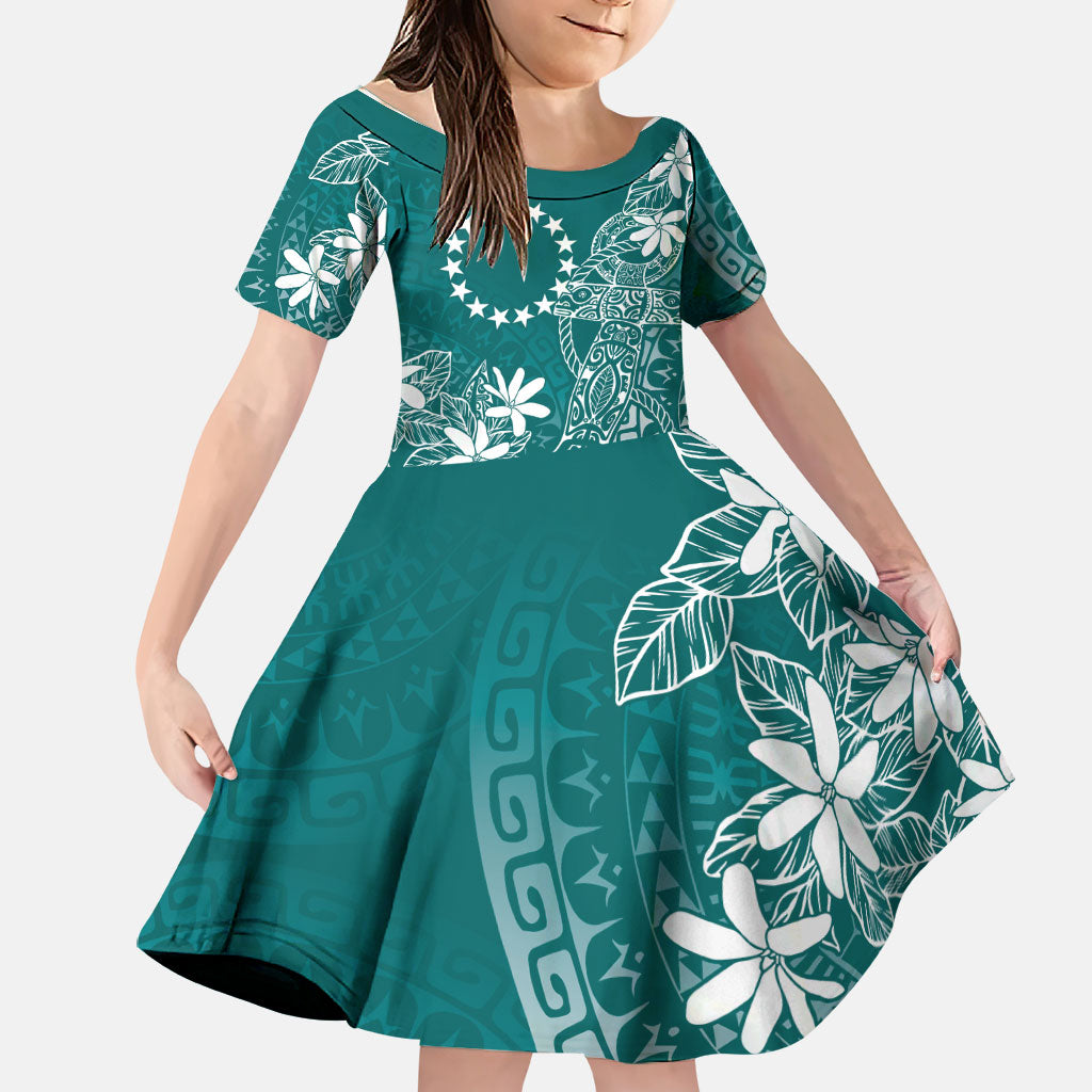 Teal Kuki Airani Tapakau Family Matching Summer Maxi Dress and Hawaiian Shirt Tribal Anchor Mix Tiare LT7 Daughter's Dress Teal - Polynesian Pride