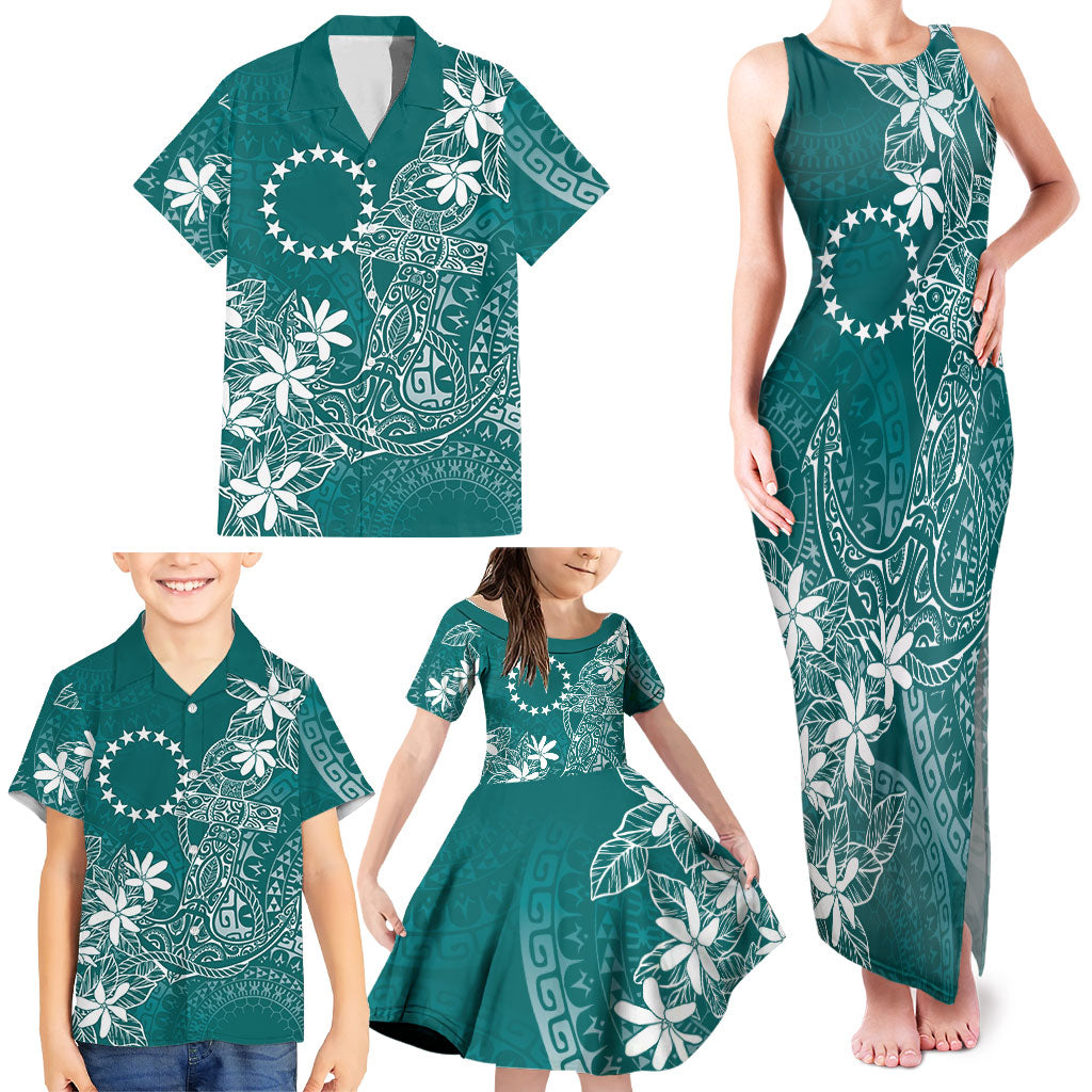 Teal Kuki Airani Tapakau Family Matching Tank Maxi Dress and Hawaiian Shirt Tribal Anchor Mix Tiare LT7 - Polynesian Pride