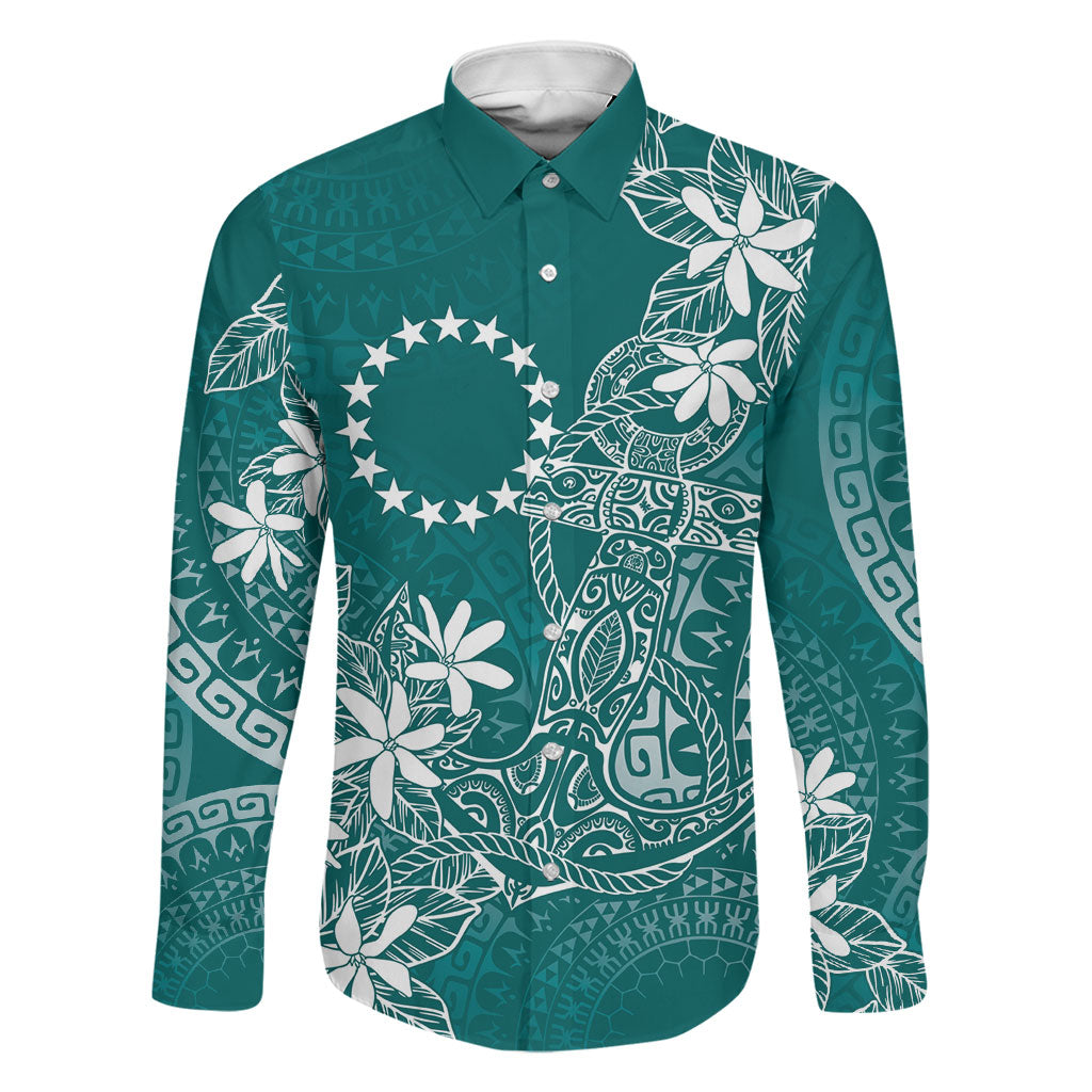 Teal Kuki Airani Tapakau Family Matching Tank Maxi Dress and Hawaiian Shirt Tribal Anchor Mix Tiare LT7 Dad's Shirt - Long Sleeve Teal - Polynesian Pride